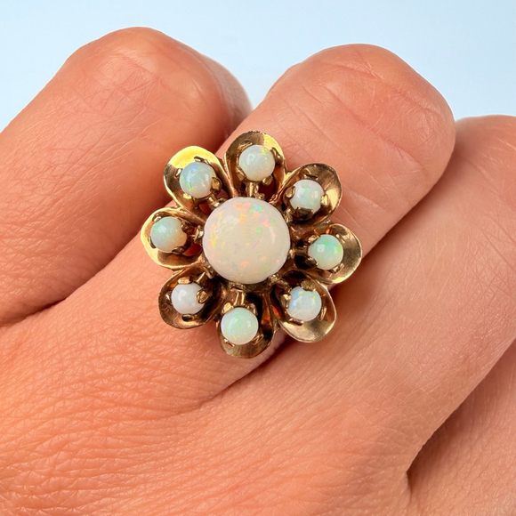 Estate 14K Solid Yellow Gold Australian Opal Vintage Atomic Retro Cocktail Ring - Picture 4 of 12